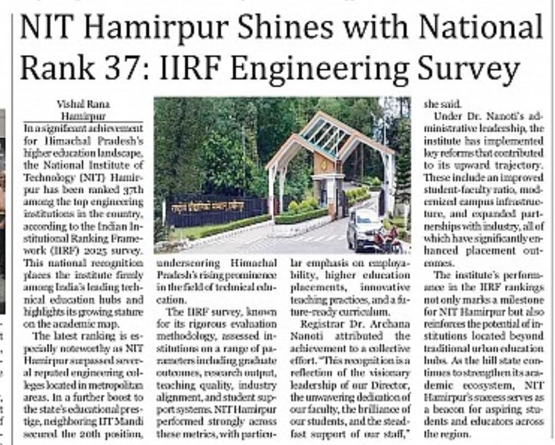 NITH featured in IIRF Rankings news